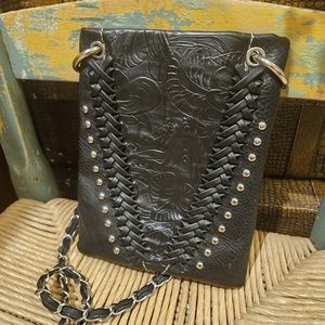 P&G Collection PU Leather Braided/Studded Crossbody Phone Purse - Black